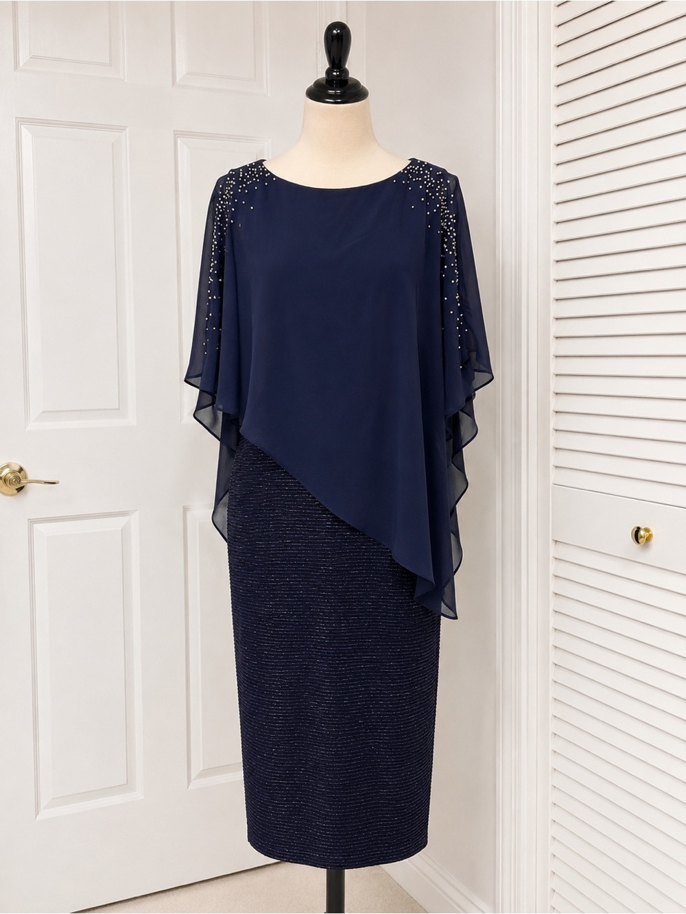 Navy Embellished Cape Midi Dress for Women